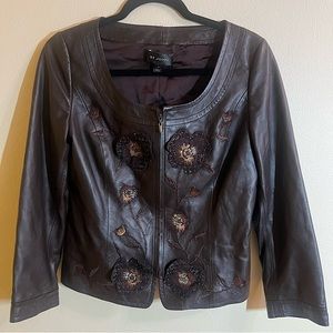 St. John Lambskin LeatherJacket with Flower Embroidery